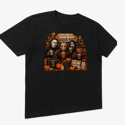T-shirt featuring coffee-themed horror movie references in autumn colors — printed on a unisex t-shirt (angled view)