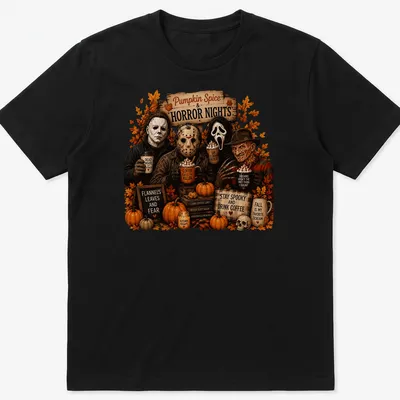T-shirt featuring coffee-themed horror movie references in autumn colors