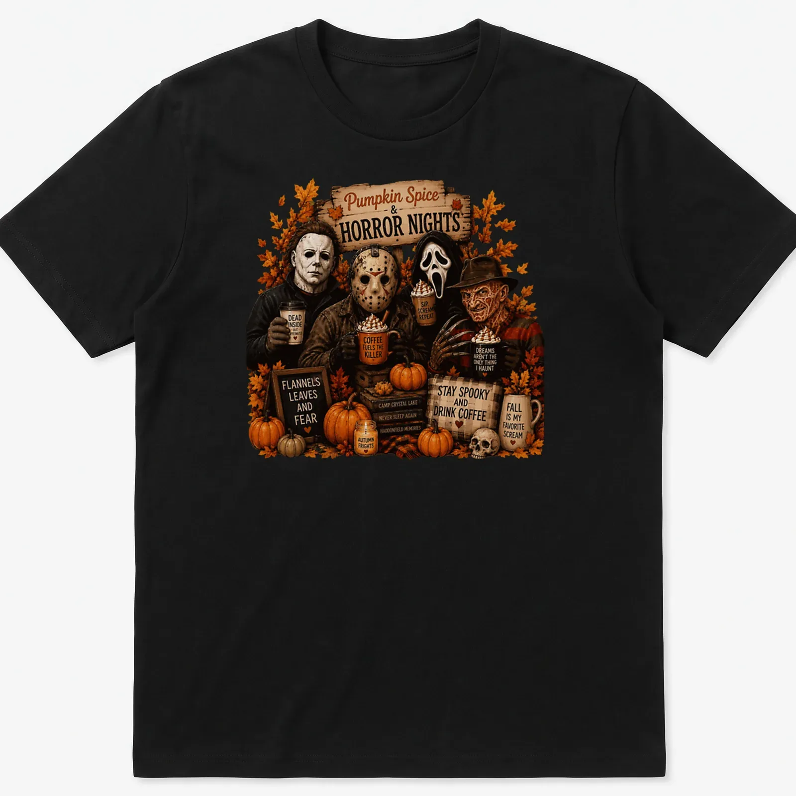 T-shirt featuring coffee-themed horror movie references in autumn colors — printed on a unisex t-shirt