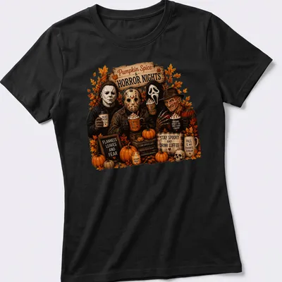 T-shirt featuring coffee-themed horror movie references in autumn colors — printed on a women's shirt