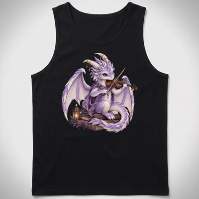 Purple dragon playing violin surrounded by open books in a fantasy style — printed on a tank top