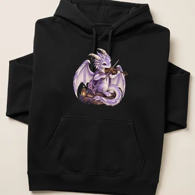 Purple dragon playing violin surrounded by open books in a fantasy style — printed on a unisex hoodie