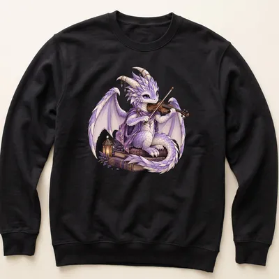 Purple dragon playing violin surrounded by open books in a fantasy style — printed on a unisex sweatshirt