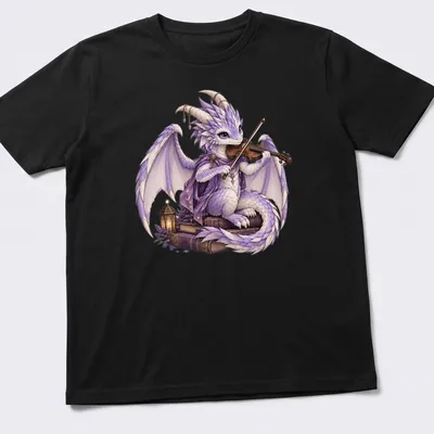 Purple dragon playing violin surrounded by open books in a fantasy style