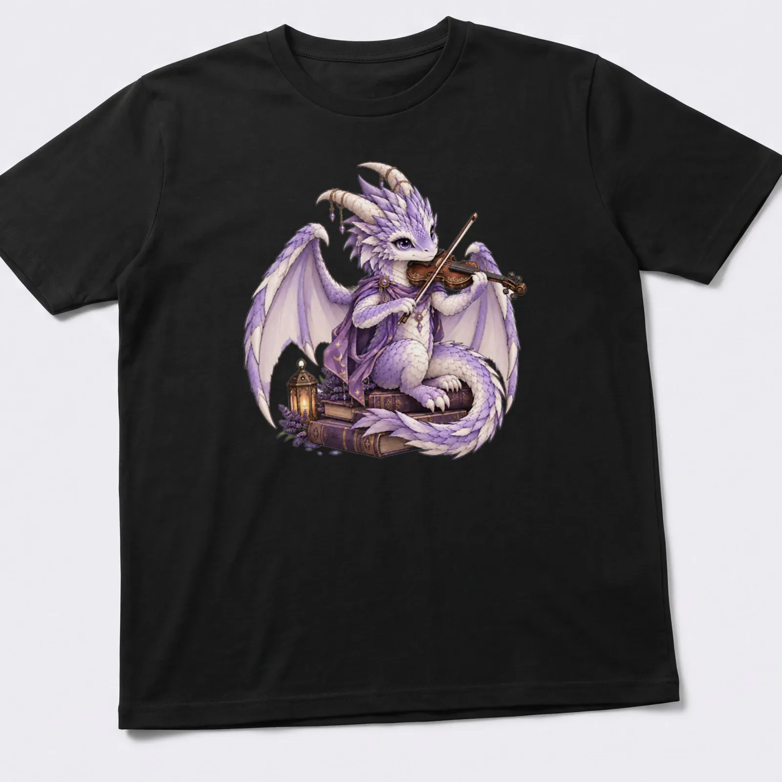 Purple dragon playing violin surrounded by open books in a fantasy style — printed on a unisex t-shirt