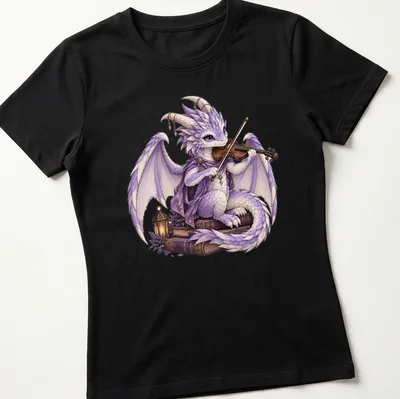 Purple dragon playing violin surrounded by open books in a fantasy style — printed on a women's shirt