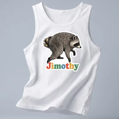 Realistic illustration of a raccoon named Jimothy with colorful details — printed on a tank top
