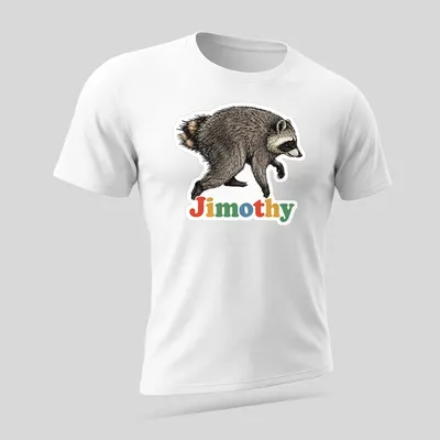 Realistic illustration of a raccoon named Jimothy with colorful details — printed on a unisex t-shirt (angled view)