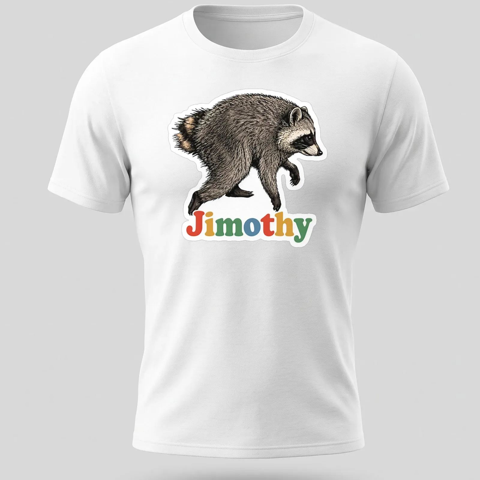 Realistic illustration of a raccoon named Jimothy with colorful details — printed on a unisex t-shirt