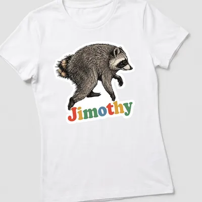 Realistic illustration of a raccoon named Jimothy with colorful details — printed on a women's shirt