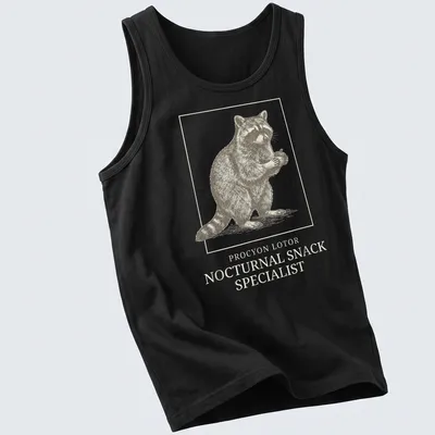 Vintage illustration of a raccoon with text proclaiming it a nocturnal snack specialist — printed on a tank top