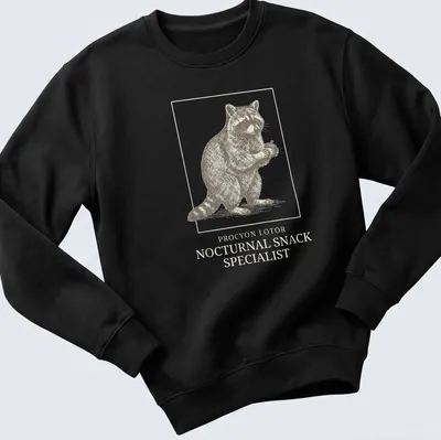 Vintage illustration of a raccoon with text proclaiming it a nocturnal snack specialist — printed on a unisex sweatshirt