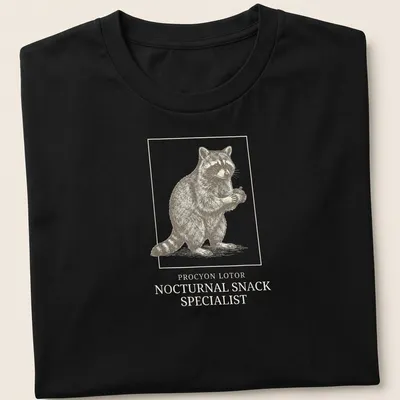 Vintage illustration of a raccoon with text proclaiming it a nocturnal snack specialist