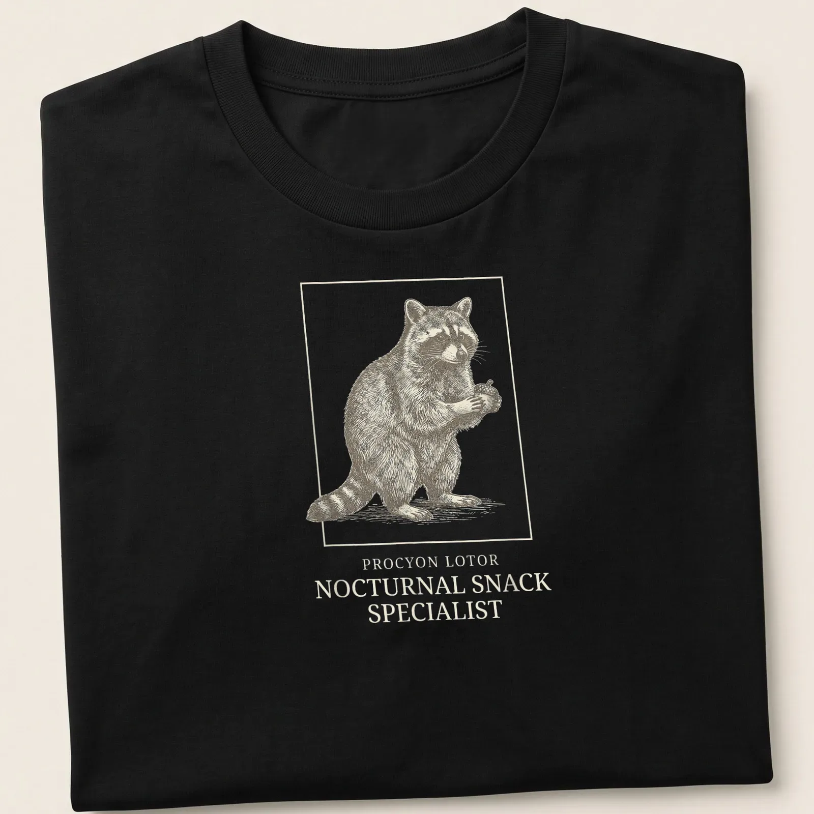 Vintage illustration of a raccoon with text proclaiming it a nocturnal snack specialist — printed on a unisex t-shirt
