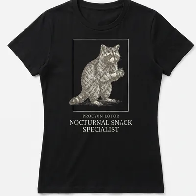 Vintage illustration of a raccoon with text proclaiming it a nocturnal snack specialist — printed on a women's shirt