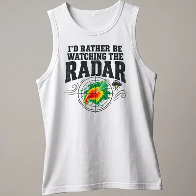 Bold vintage shirt with radar graphic and text about watching weather — printed on a tank top