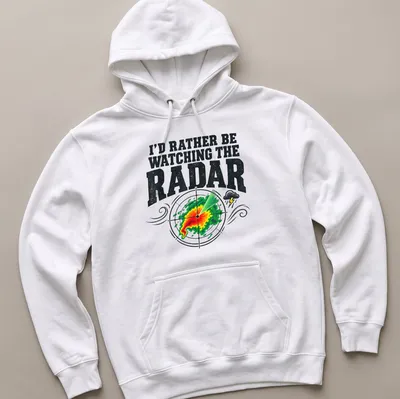 Bold vintage shirt with radar graphic and text about watching weather — printed on a unisex hoodie
