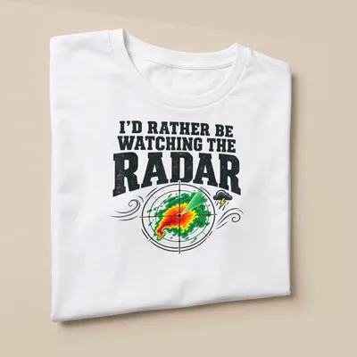 Bold vintage shirt with radar graphic and text about watching weather — printed on a unisex t-shirt (angled view)