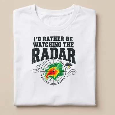 Bold vintage shirt with radar graphic and text about watching weather