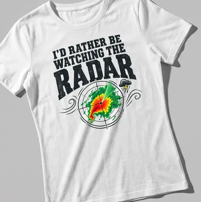Bold vintage shirt with radar graphic and text about watching weather — printed on a women's shirt