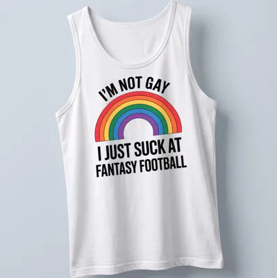 Bold graphic tee featuring rainbow colors and humorous fantasy football text — printed on a tank top