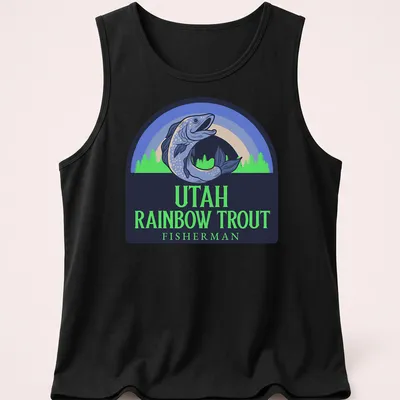 Vintage style t-shirt featuring rainbow trout and text for Utah fishermen — printed on a tank top