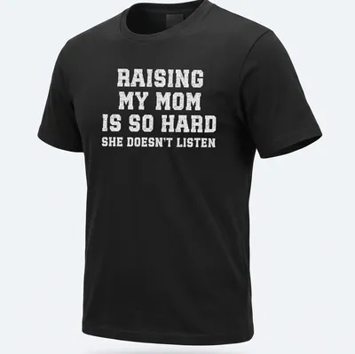 Bold distressed text humor about parenting on a white t-shirt