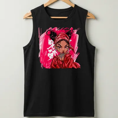 Pop Art T-shirt featuring a lady in a red bandana with bold pink text — printed on a tank top
