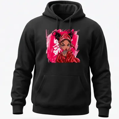 Pop Art T-shirt featuring a lady in a red bandana with bold pink text — printed on a unisex hoodie