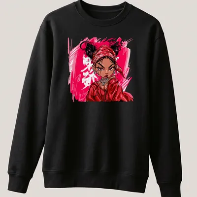 Pop Art T-shirt featuring a lady in a red bandana with bold pink text — printed on a unisex sweatshirt