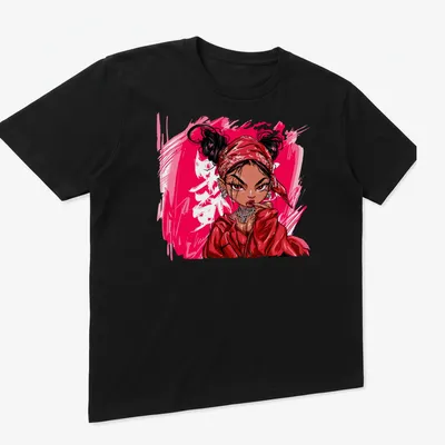 Pop Art T-shirt featuring a lady in a red bandana with bold pink text — printed on a unisex t-shirt (angled view)