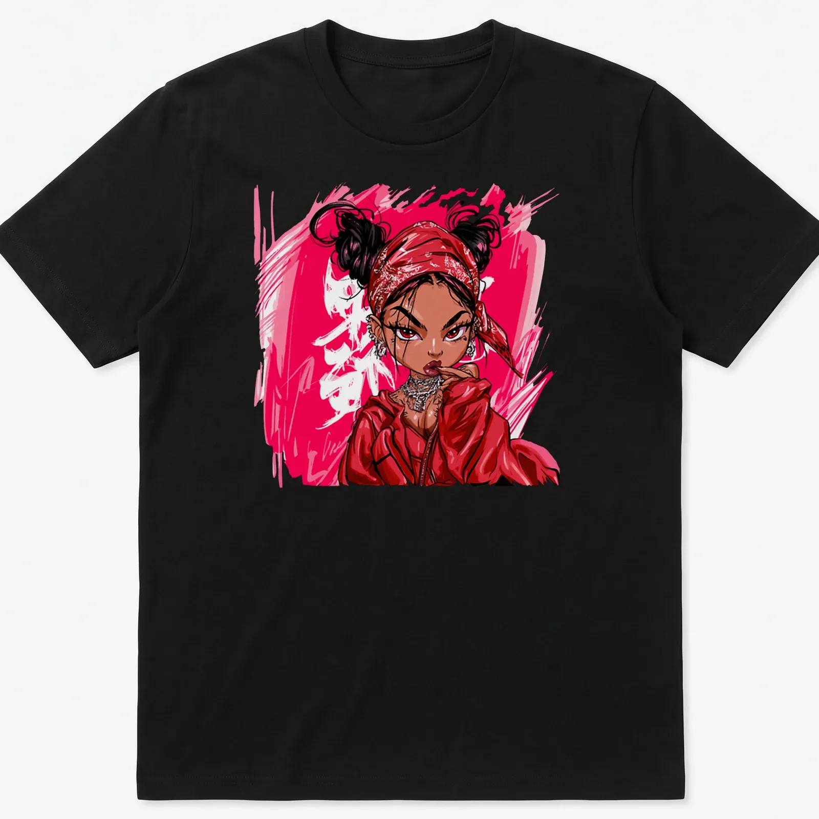 Pop Art T-shirt featuring a lady in a red bandana with bold pink text — printed on a unisex t-shirt