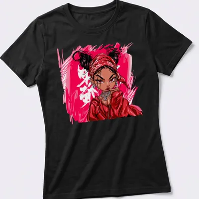 Pop Art T-shirt featuring a lady in a red bandana with bold pink text — printed on a women's shirt