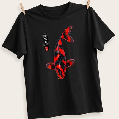 Realistic print of a Utsuri Koi fish with colorful details on a t-shirt
