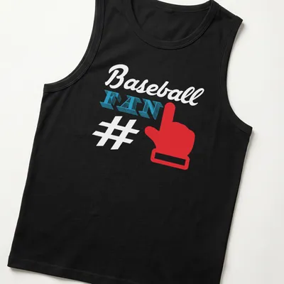 Bold graphic of a red hand gesture with FAN text in blue and white. — printed on a tank top