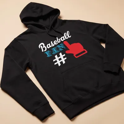 Bold graphic of a red hand gesture with FAN text in blue and white. — printed on a unisex hoodie