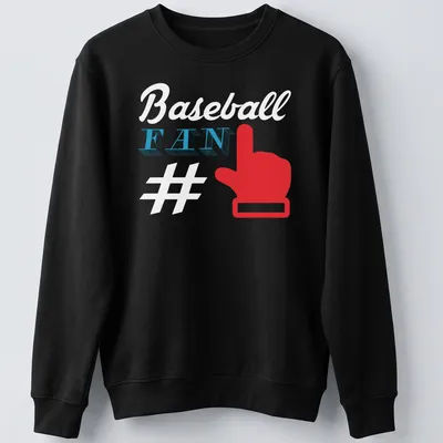 Bold graphic of a red hand gesture with FAN text in blue and white. — printed on a unisex sweatshirt