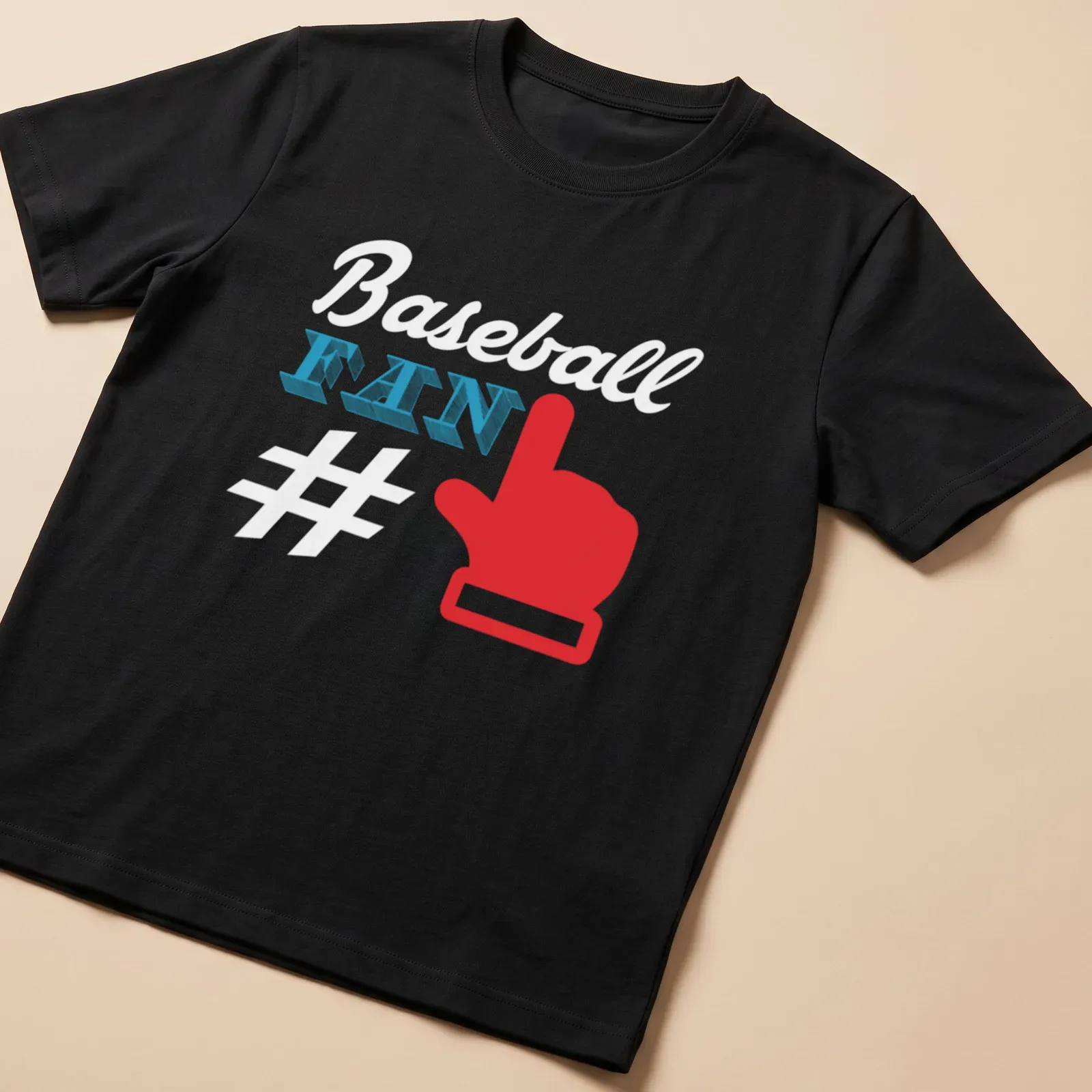 Bold graphic of a red hand gesture with FAN text in blue and white. — printed on a unisex t-shirt