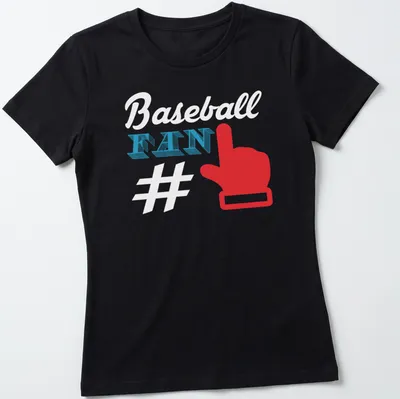 Bold graphic of a red hand gesture with FAN text in blue and white. — printed on a women's shirt