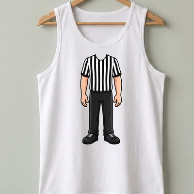 Cartoon referee in black and white stripes, complete with a whistle. — printed on a tank top