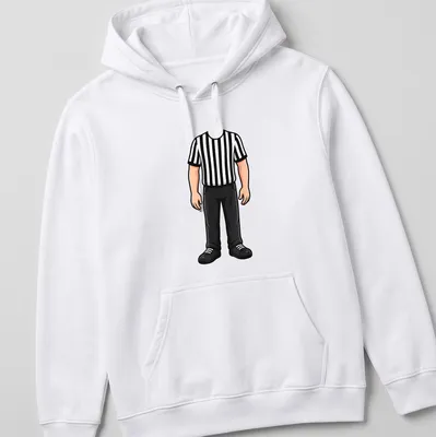 Cartoon referee in black and white stripes, complete with a whistle. — printed on a unisex hoodie