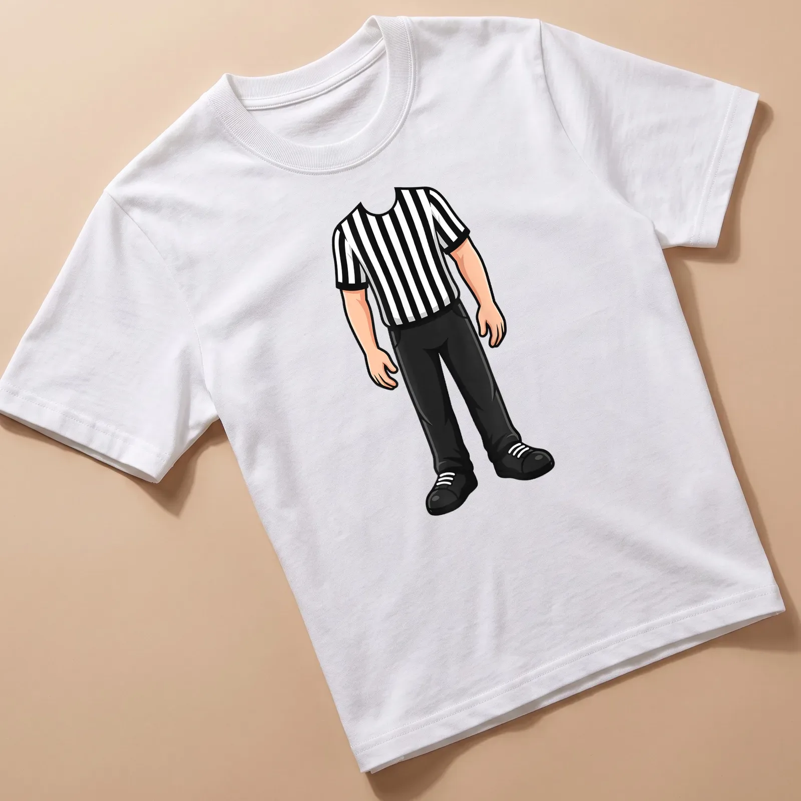 Cartoon referee in black and white stripes, complete with a whistle. — printed on a unisex t-shirt