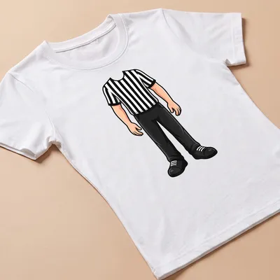 Cartoon referee in black and white stripes, complete with a whistle. — printed on a women's shirt