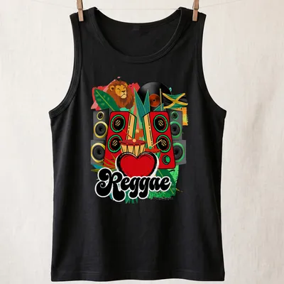 Colorful Reggae Heart design featuring a lion with speakers and drum — printed on a tank top