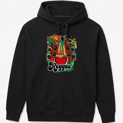 Colorful Reggae Heart design featuring a lion with speakers and drum — printed on a unisex hoodie