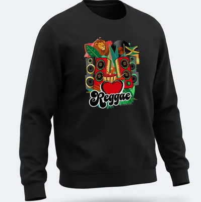 Colorful Reggae Heart design featuring a lion with speakers and drum — printed on a unisex sweatshirt