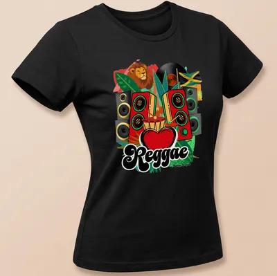 Colorful Reggae Heart design featuring a lion with speakers and drum — printed on a women's shirt