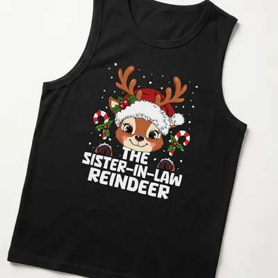 Kawaii-style reindeer with Christmas hat and text celebrating sister-in-law — printed on a tank top