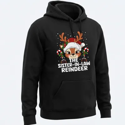 Kawaii-style reindeer with Christmas hat and text celebrating sister-in-law — printed on a unisex hoodie