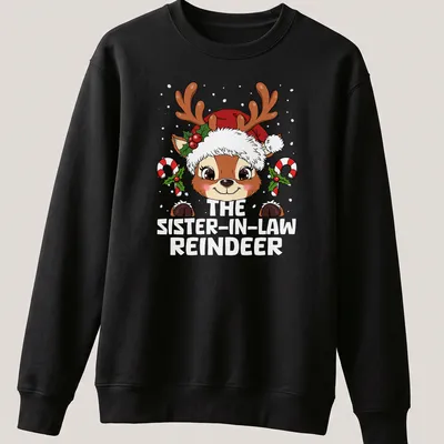 Kawaii-style reindeer with Christmas hat and text celebrating sister-in-law — printed on a unisex sweatshirt